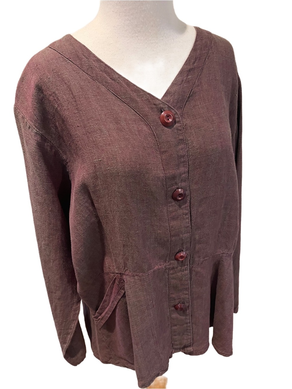 Flax Rustic Wine Button-Front Linen Top